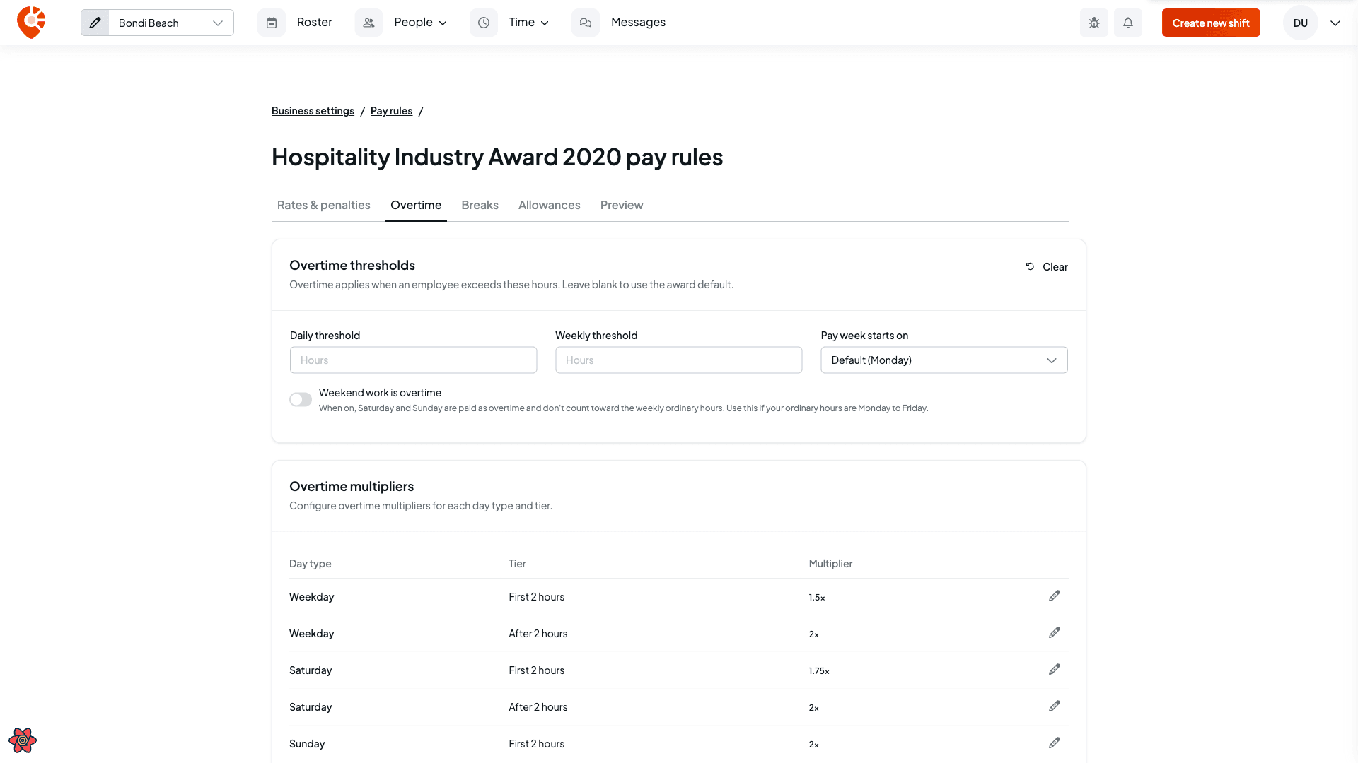 The Overtime tab showing daily and weekly thresholds and a table of overtime multipliers by day type and tier