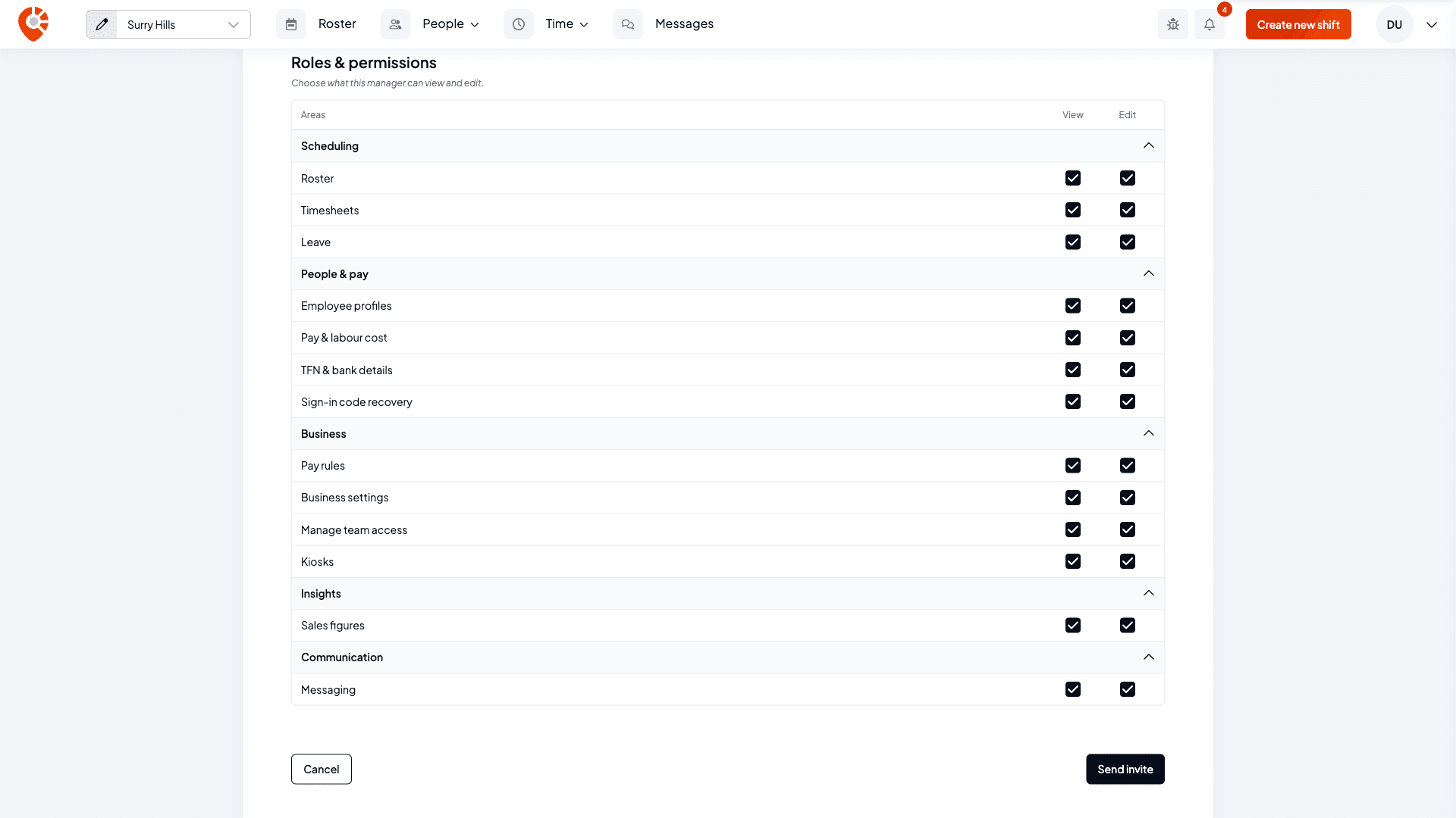 The Roles and permissions grid with Scheduling, People and pay, Business, Insights and Communication sections, every View and Edit box ticked, and Cancel and Send invite buttons