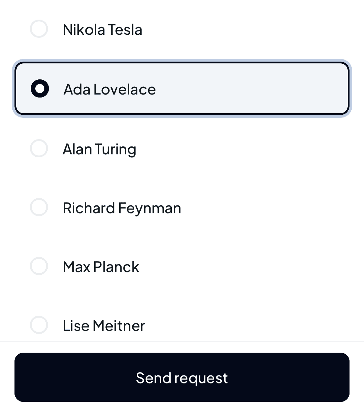 The colleague list with Ada Lovelace selected and a Send request button below