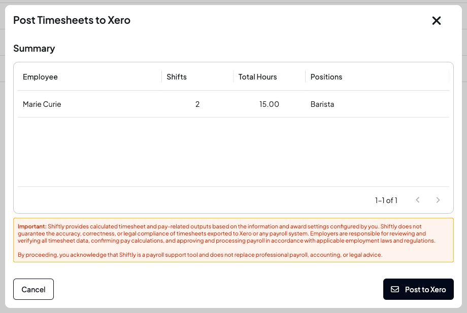 The Post Timesheets to Xero summary showing the employee, shifts, total hours and position, with an accuracy disclaimer and a Post to Xero button