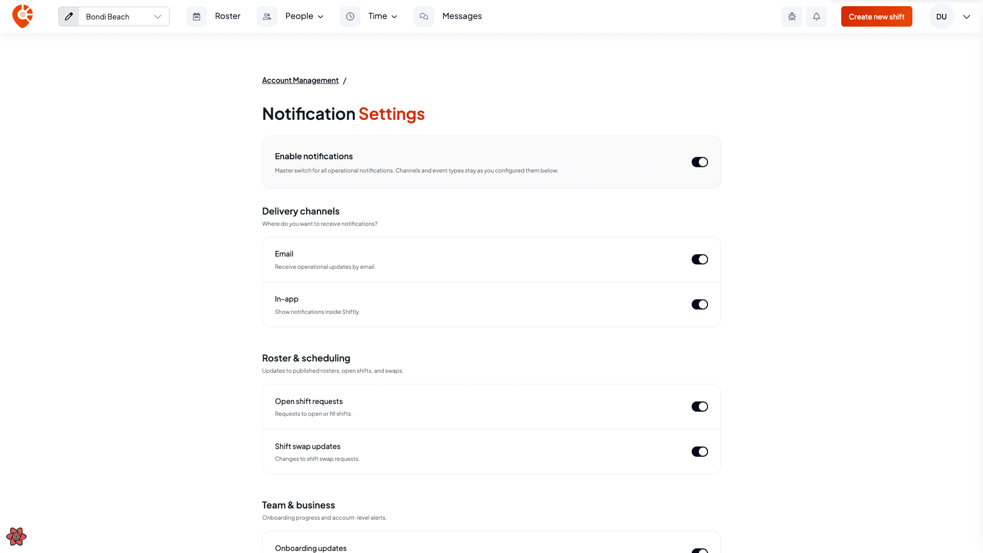 The notification settings page with a master switch, email and in-app channels, and grouped event toggles