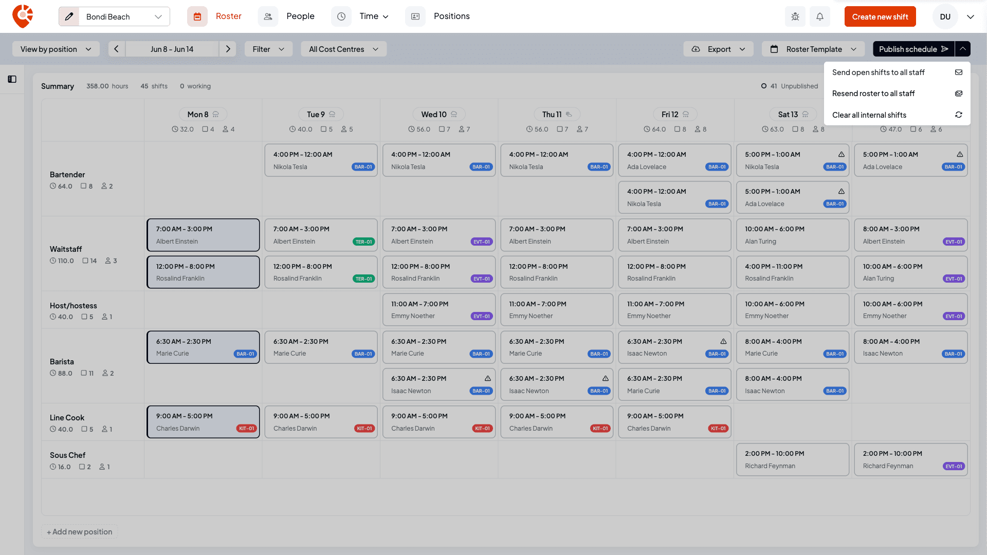 The publish button dropdown open with Send open shifts to all staff, Resend roster to all staff, and Clear all internal shifts