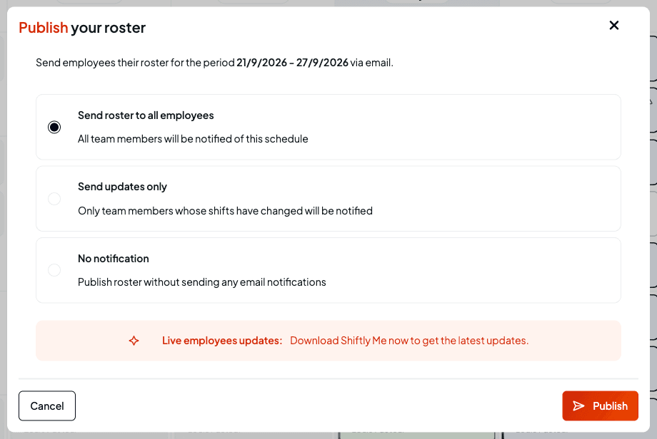 The Publish type step of the Publish roster window, with Publish updates selected above Publish filtered only, Publish all with shifts, Publish all unpublished weeks and Send open shifts to staff
