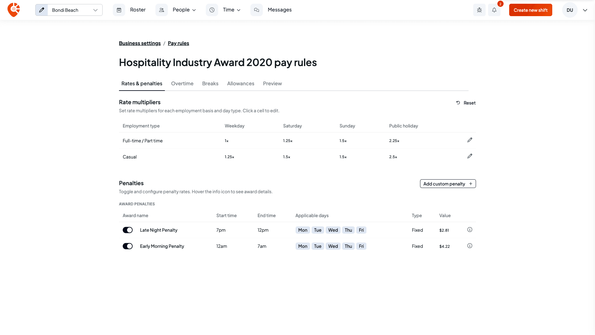 The Rates and penalties tab showing rate multipliers by employment type and day, and the award's late night and early morning penalties with switches and values