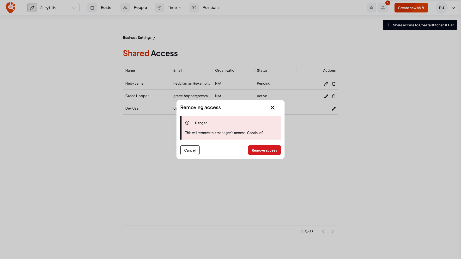The Removing access confirmation dialog