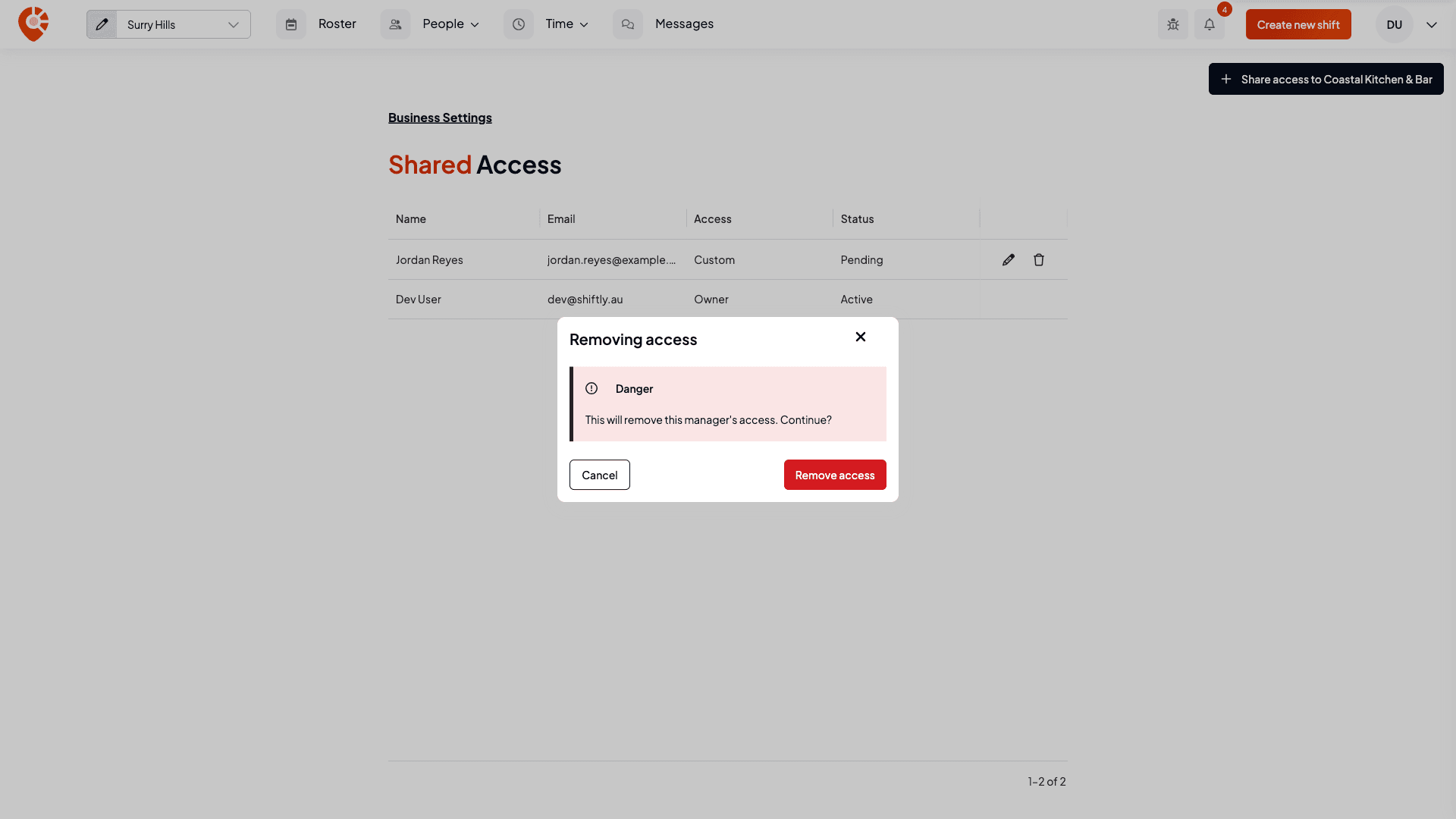 The Removing access confirmation reading This will remove this manager's access. Continue? with Cancel and Remove access buttons