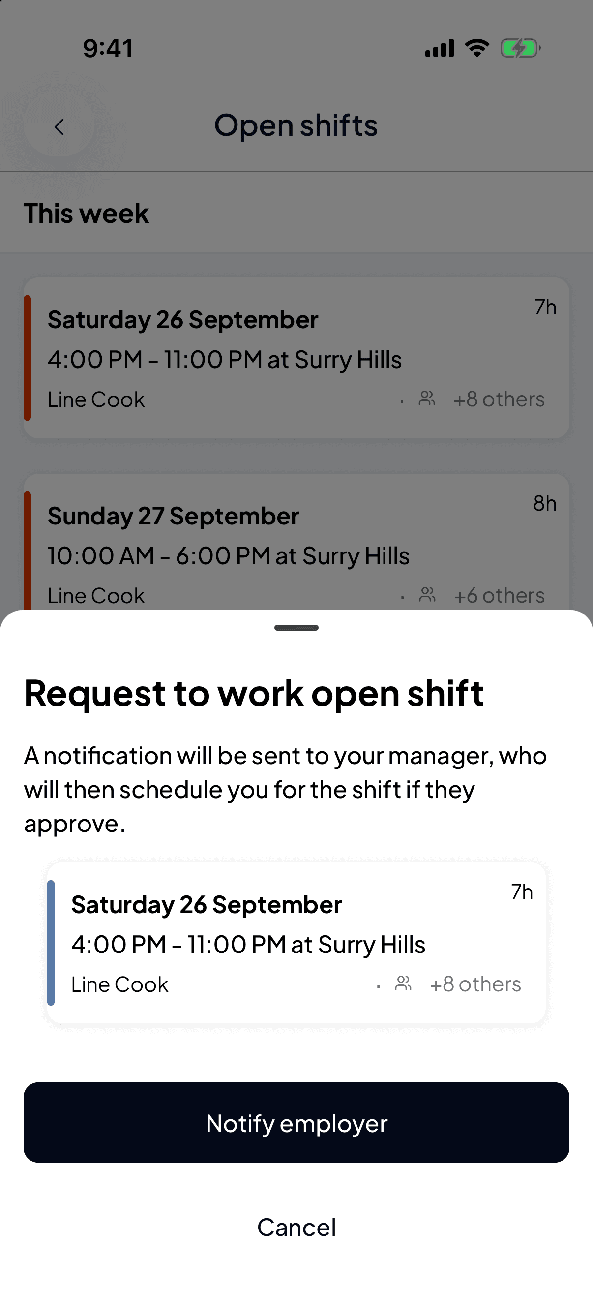 The Request to work open shift confirmation with the shift card, a Notify employer button and Cancel