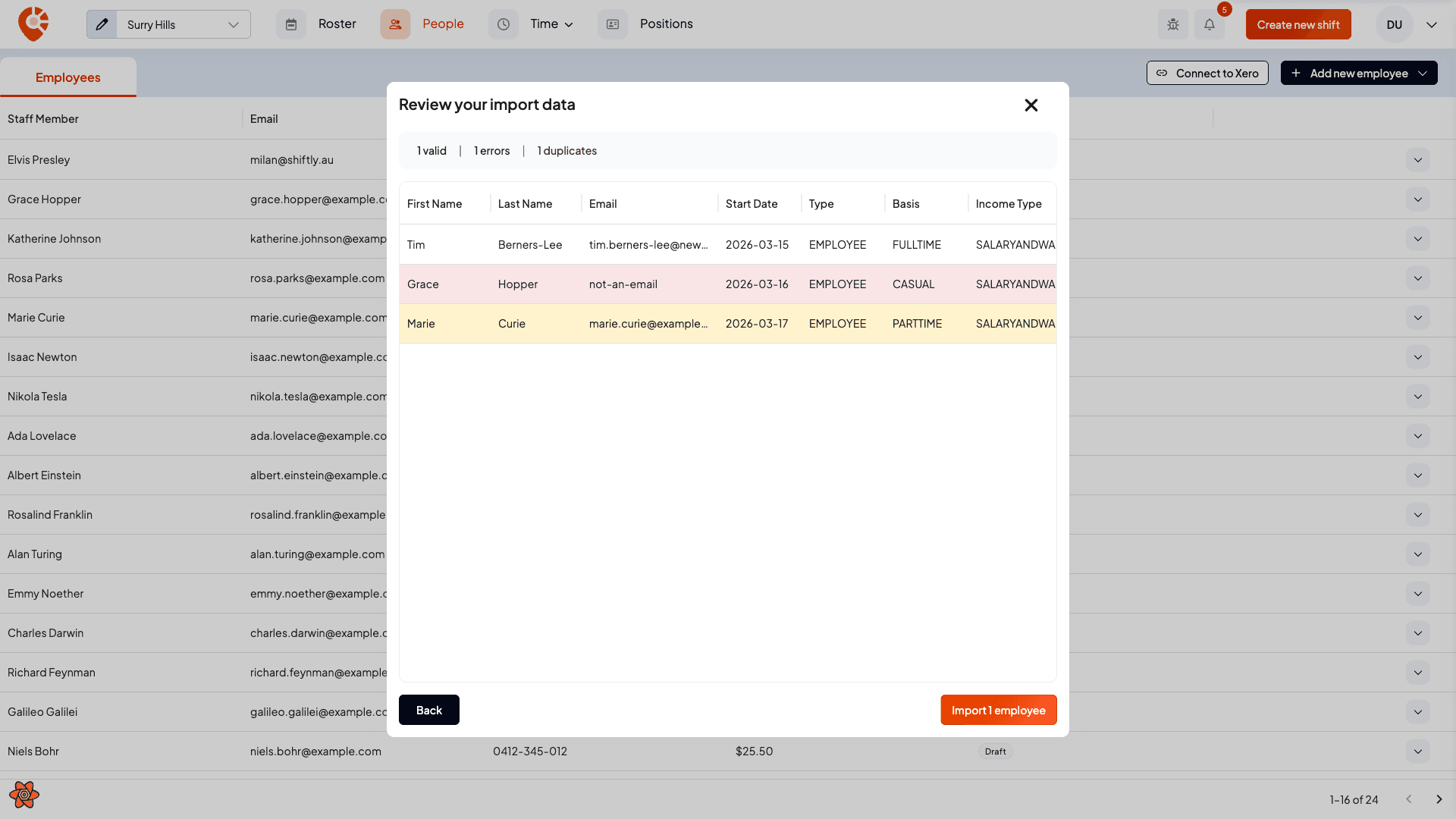 The import Review step showing 1 valid, 1 error and 1 duplicate, with a table of the parsed rows and their statuses