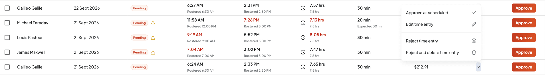 The action menu on a pending timesheet showing Approve as scheduled, Edit time entry, Reject time entry and Reject and delete time entry