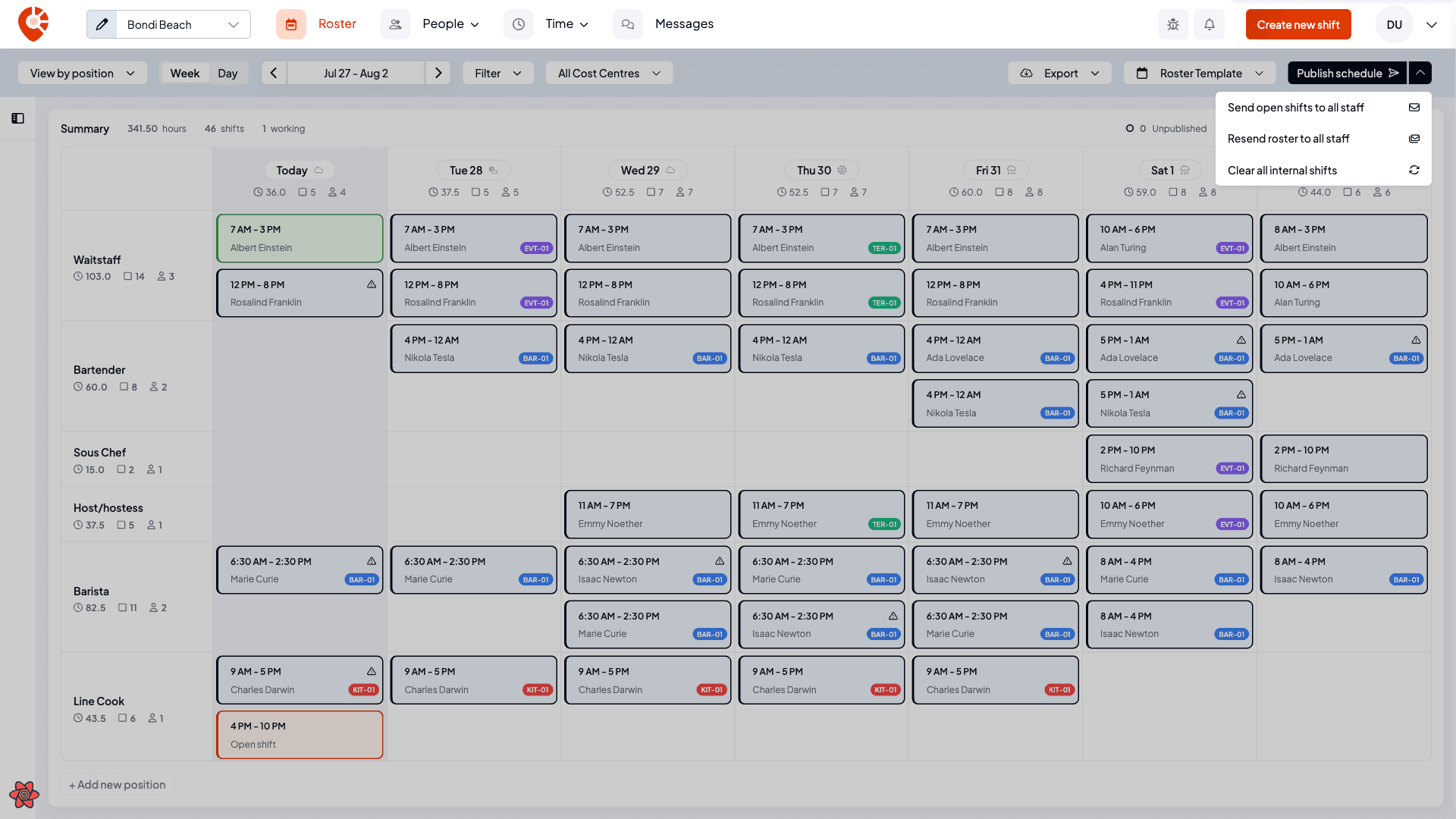 The publish button dropdown with Send open shifts to all staff available