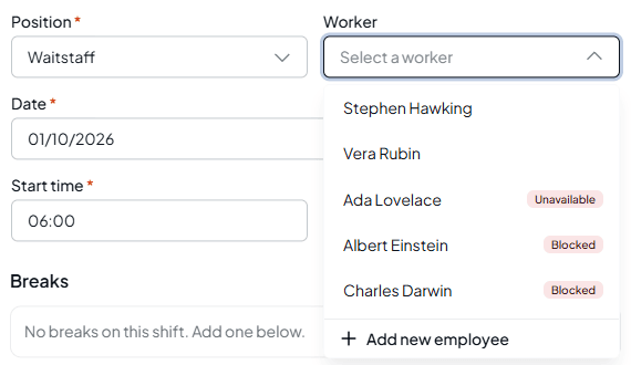 The Worker list scrolled to where the available staff end, with Stephen Hawking and Vera Rubin, then Ada Lovelace marked Unavailable and Albert Einstein and Charles Darwin marked Blocked, and Add new employee at the bottom