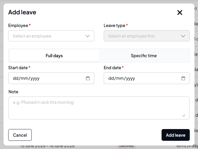 The add-leave dialog in Full days mode, with the Full days / Specific time control, employee, leave type, start and end date, and a note field