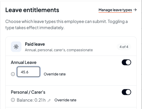 The Annual Leave balance being edited, with 45.6 typed into the balance field