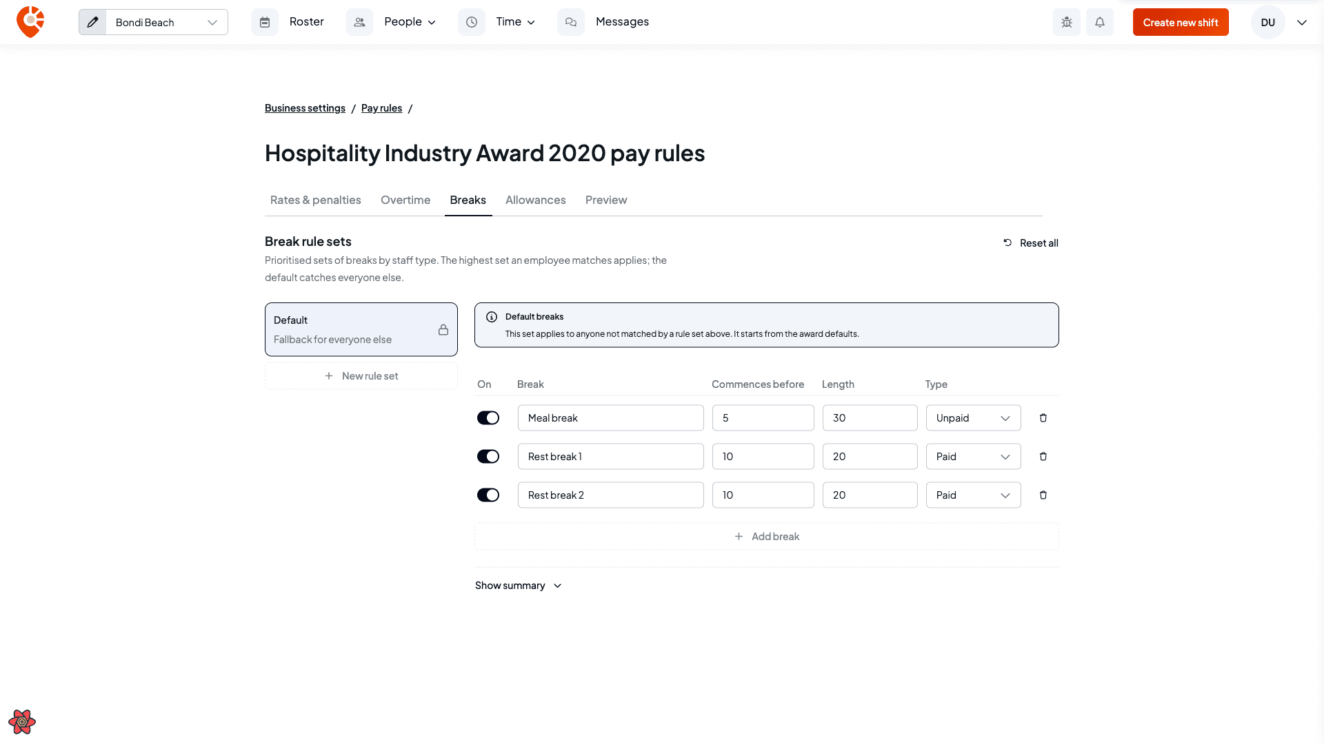 The Breaks tab showing break rules grouped by shift-duration tier, each with paid or unpaid break chips
