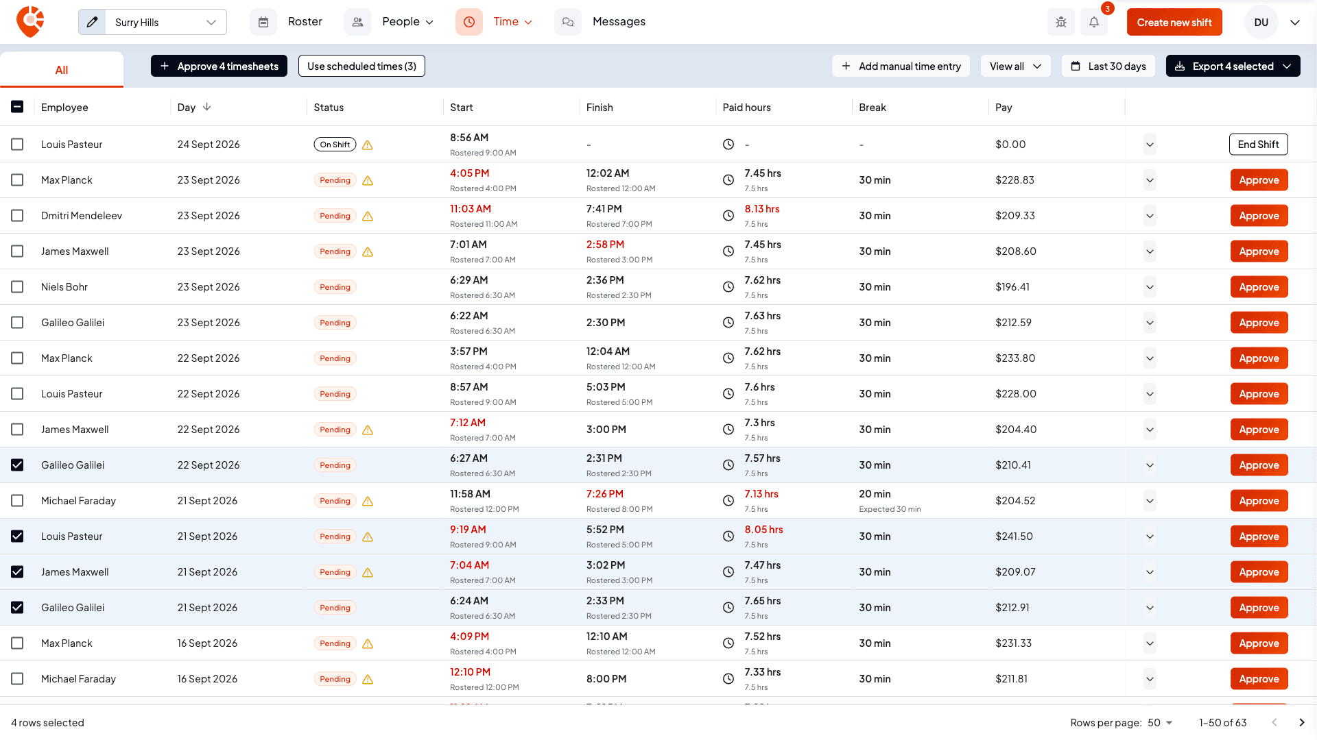 Four timesheets ticked, with Approve 4 timesheets and Use scheduled times (3) buttons in the toolbar