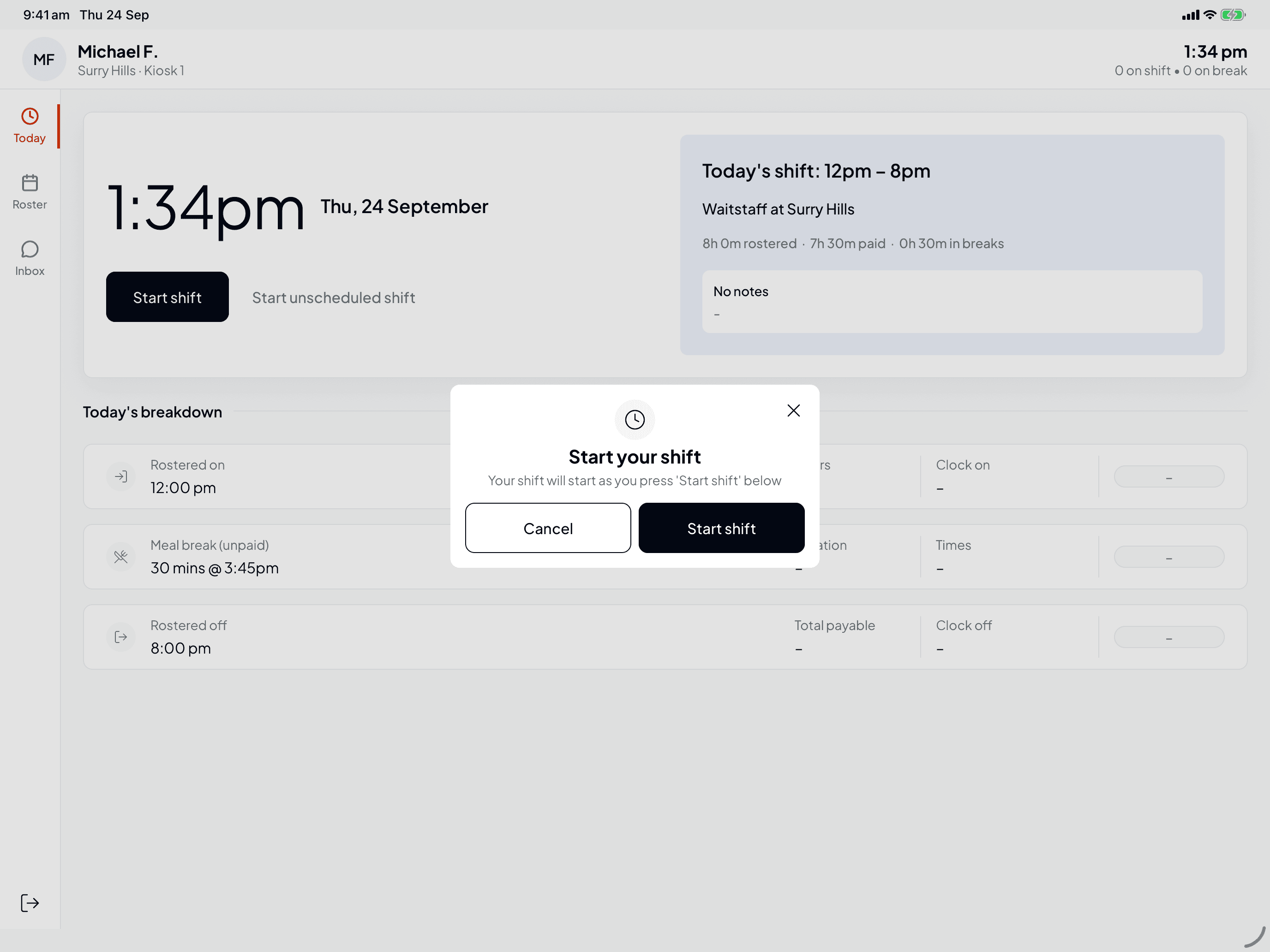 The Start your shift confirmation with Cancel and Start shift buttons
