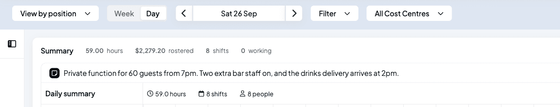 The day view for Sat 26 September with the note about the private function shown in a band above the Daily summary