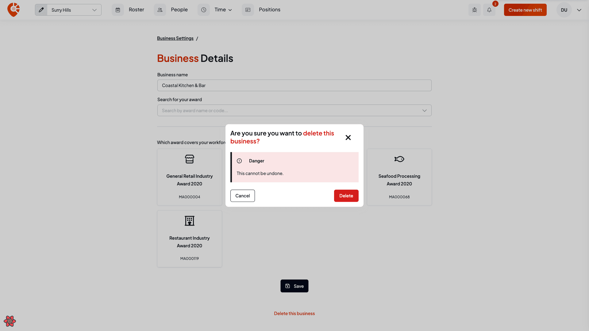 The delete-business confirmation dialog