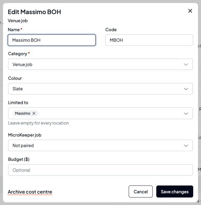 The Edit Massimo BOH dialog in the Venue job category, with Name, Code MBOH, Category, Colour, Limited to Massimo, MicroKeeper job set to Not paired and an empty Budget field, and an Archive tag link