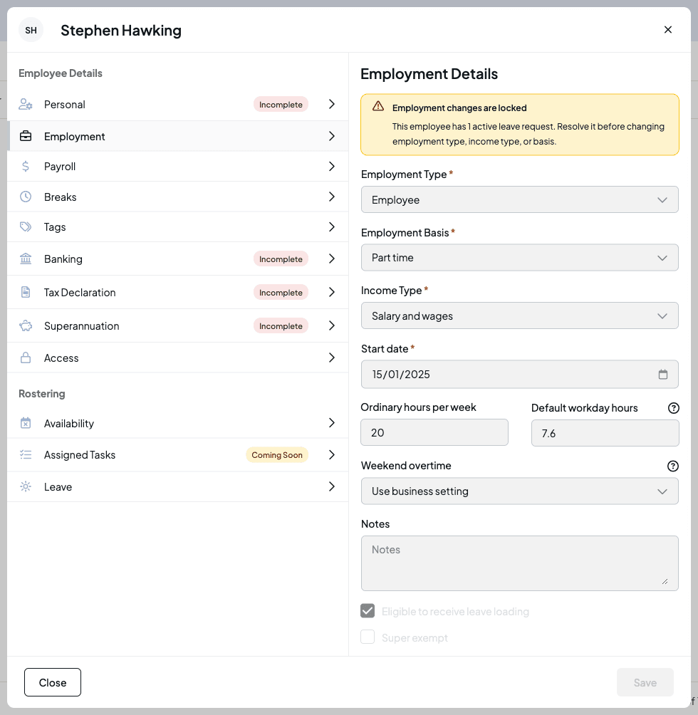 The Employment tab greyed out with a notice that employment changes are locked because the employee has 1 active leave request