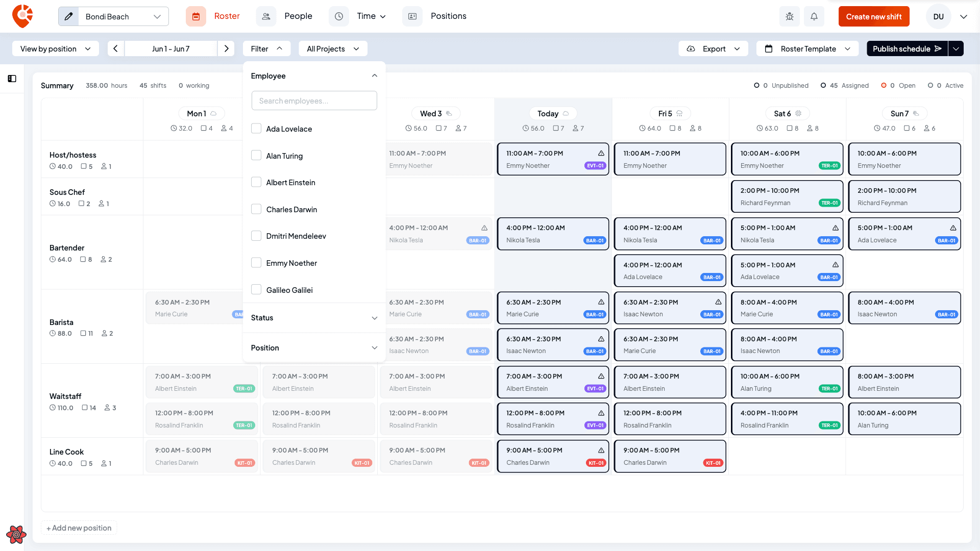 The scheduler filter panel with an employee search box and Status and Position filter sections, plus a Clear All control