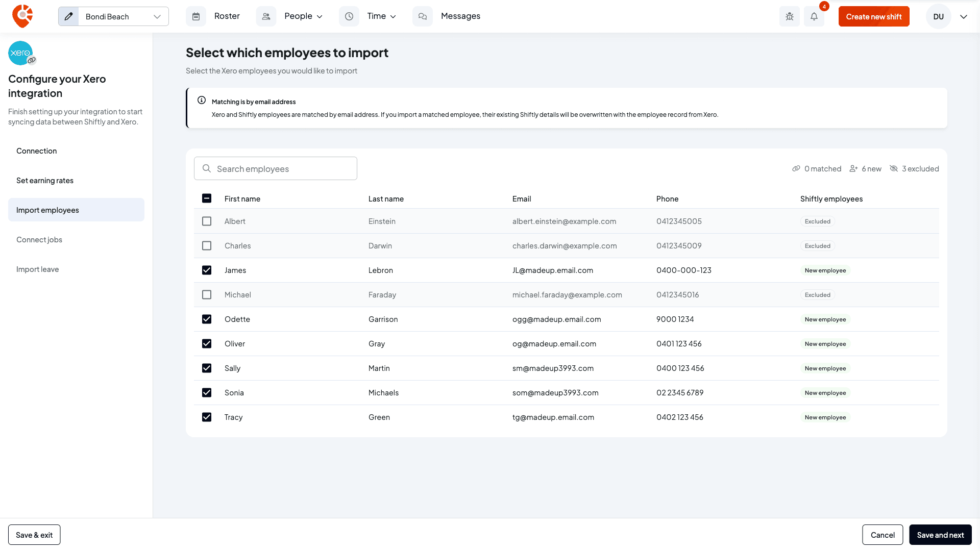 Select which employees to import, with the Matching is by email address note, a search box, and Xero employees marked New employee or Excluded