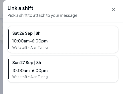 The Link a shift panel listing Alan Turing's Saturday and Sunday waitstaff shifts