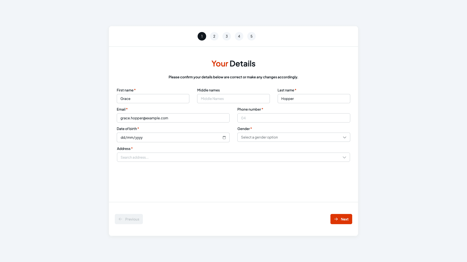 The employee's Your Details step with a five-step progress indicator