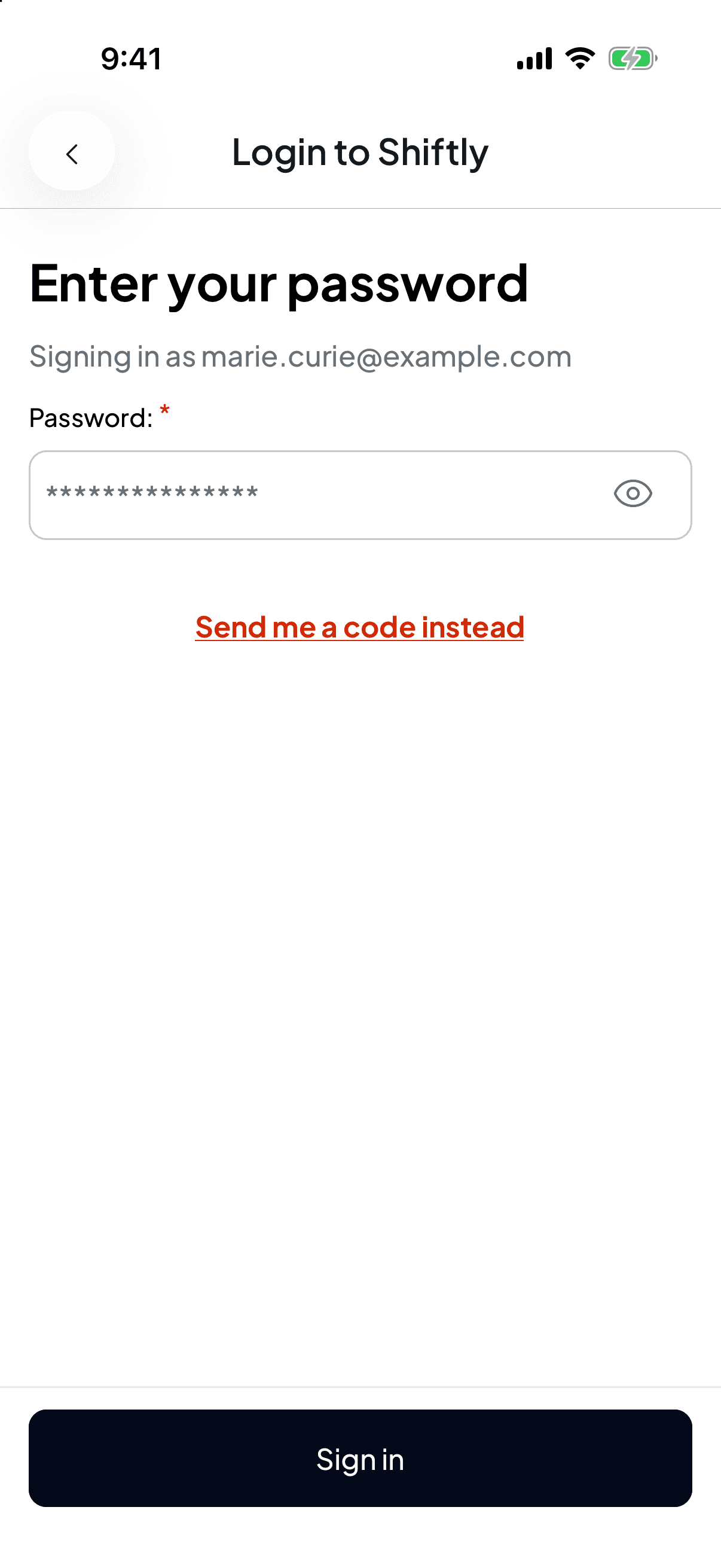 The Enter your password screen for marie.curie@example.com with a password field, a Send me a code instead link and a Sign in button