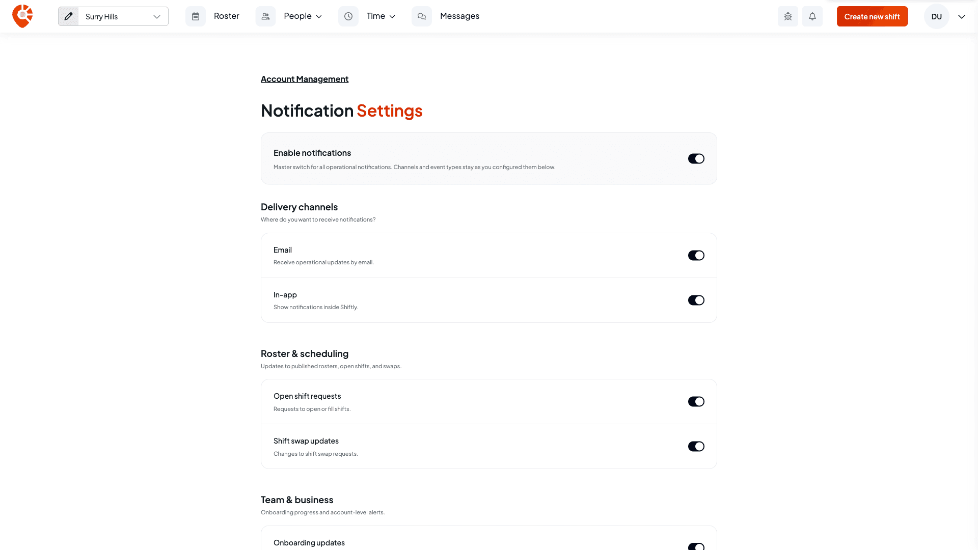 The Notification Settings page with the Enable notifications master switch, Email and In-app delivery channels, and the Roster and scheduling and Team and business event switches