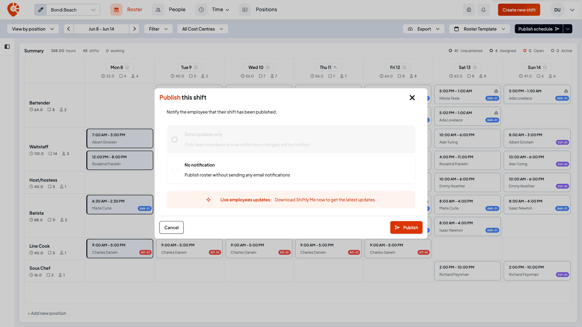 The Publish this shift window offering to notify the employee, with Send updates only and No notification options