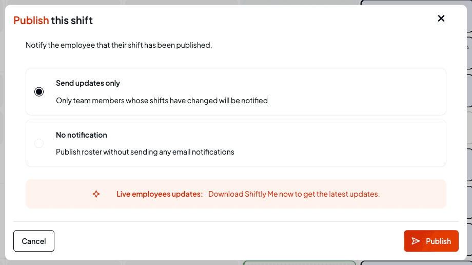 The Publish this shift window with Send updates only selected, No notification below it, and a Publish button