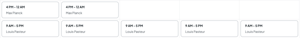 The Bartender and Line Cook rows from Wednesday to Sunday, with Max Planck's shift repeated onto Thursday and Louis Pasteur's shift repeated onto Thursday, Friday, Saturday and Sunday