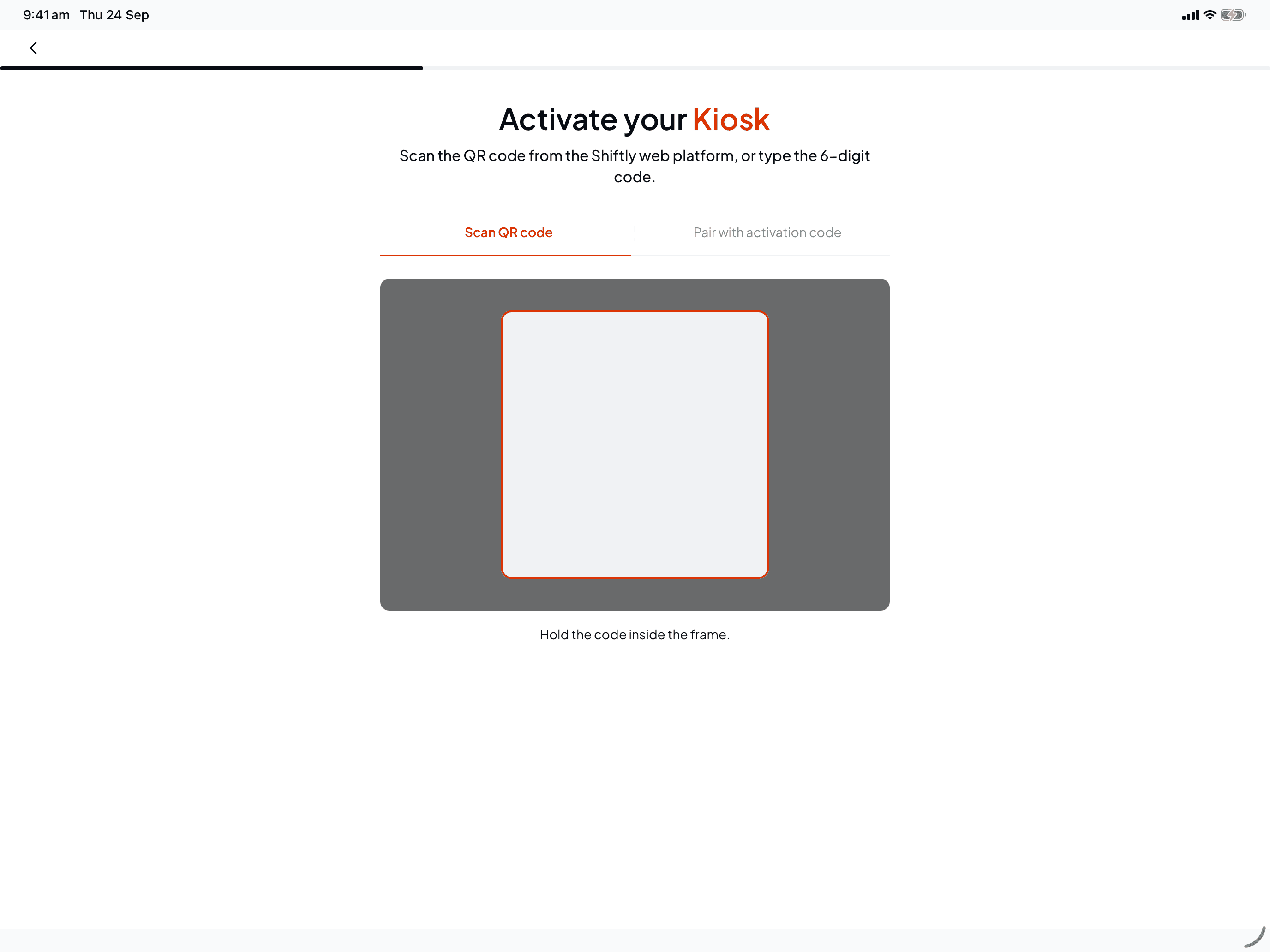 The Activate your Kiosk screen on the Scan QR code tab, with a camera frame and the hint Hold the code inside the frame