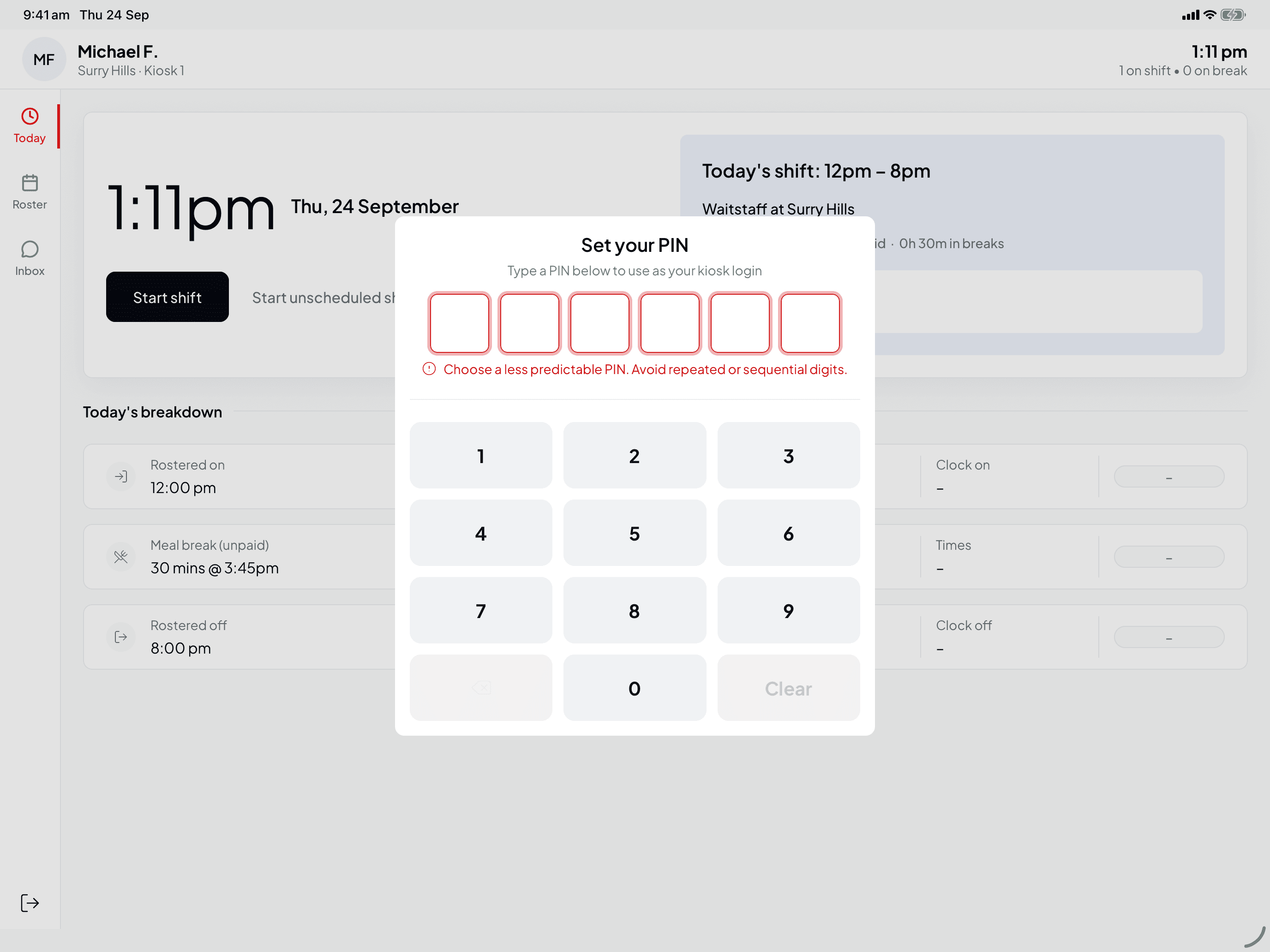 The Set your PIN window showing the error Choose a less predictable PIN. Avoid repeated or sequential digits.
