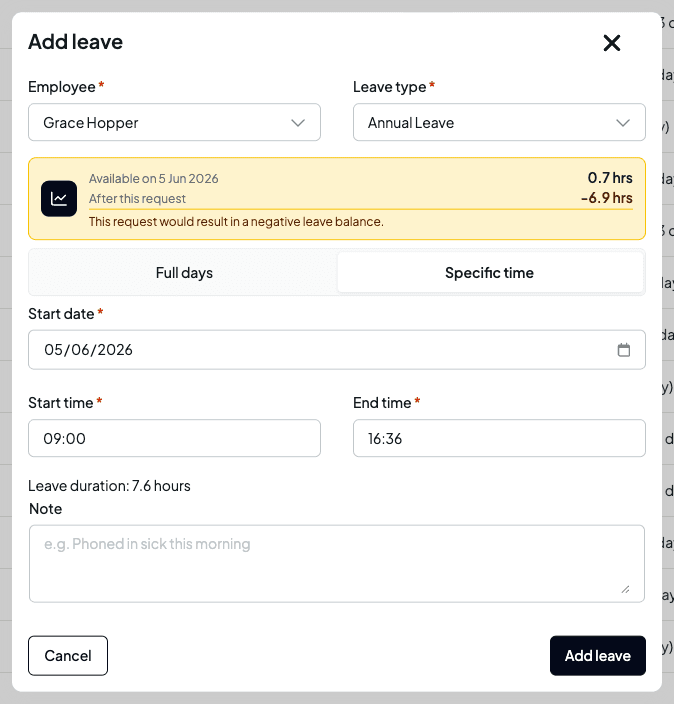 The add-leave dialog in Specific time mode, showing a single start date, a start time and end time, and a 'Leave duration: 7.6 hours' line