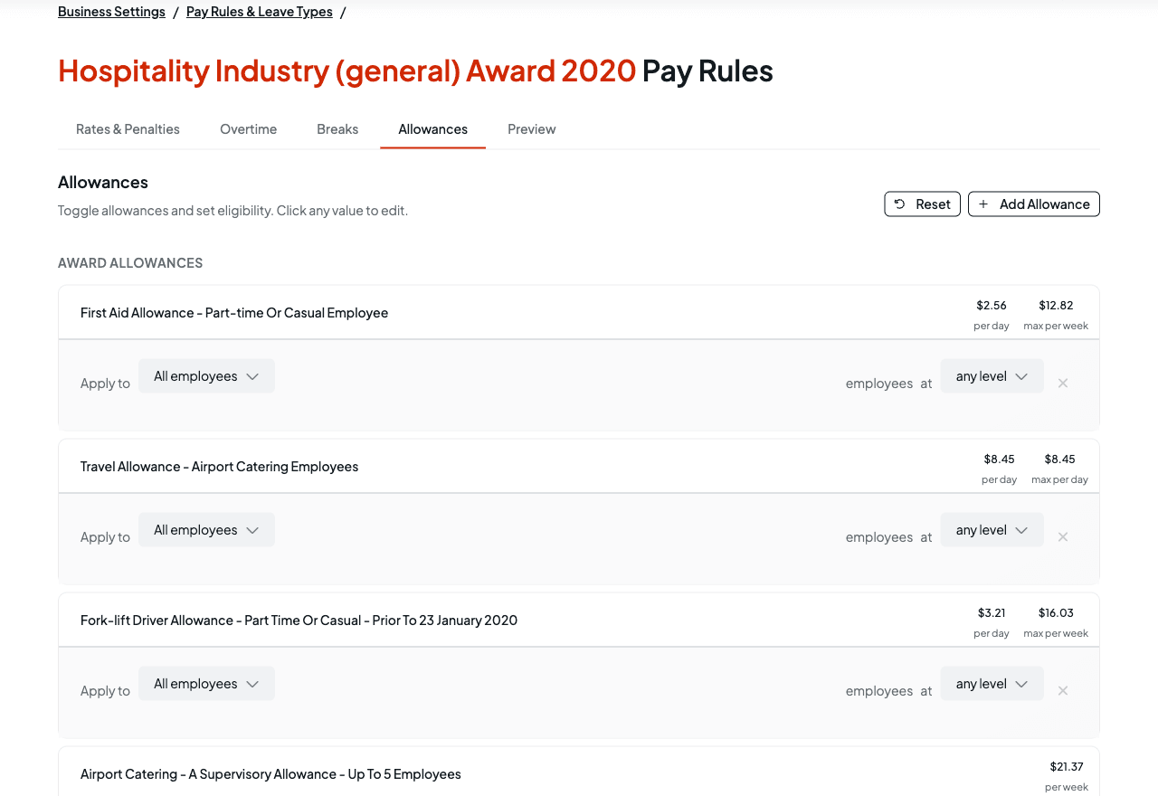 The Allowances tab listing award allowances with editable amounts and eligibility conditions, plus Reset and Add Allowance