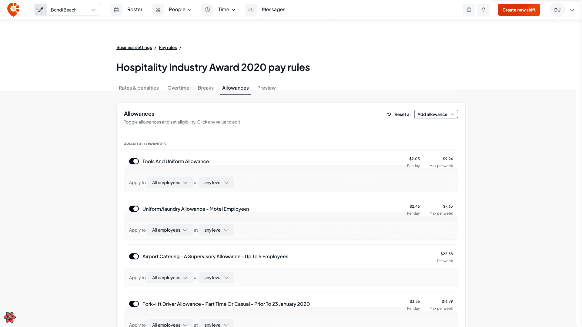 The Allowances tab listing award allowances with editable amounts and eligibility conditions, plus Reset and Add Allowance