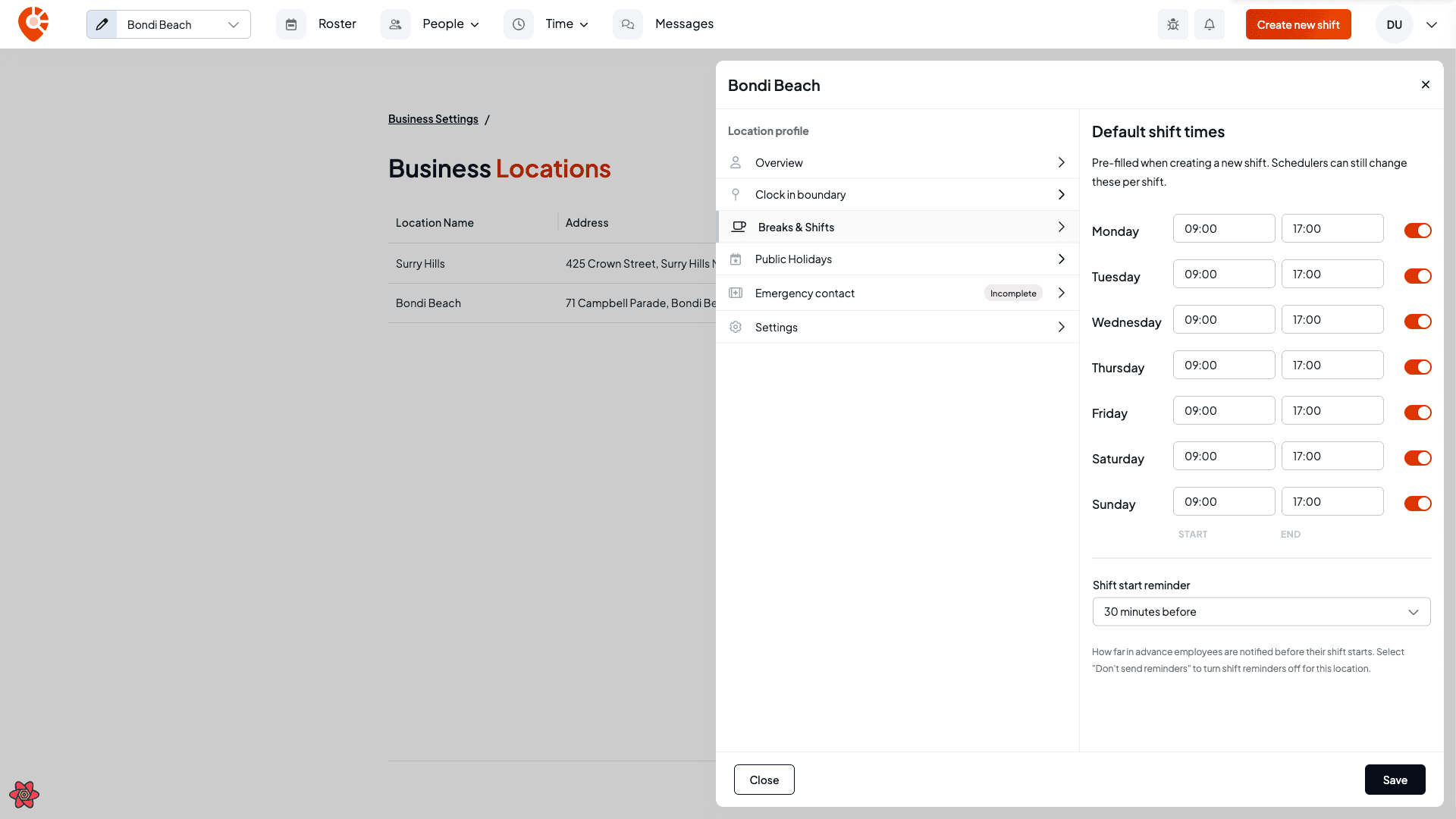 The Breaks & Shifts tab with per-day default times and the shift start reminder