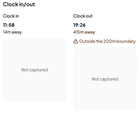 Clock out at 19:26, 415m away, with a warning reading Outside the 200m boundary
