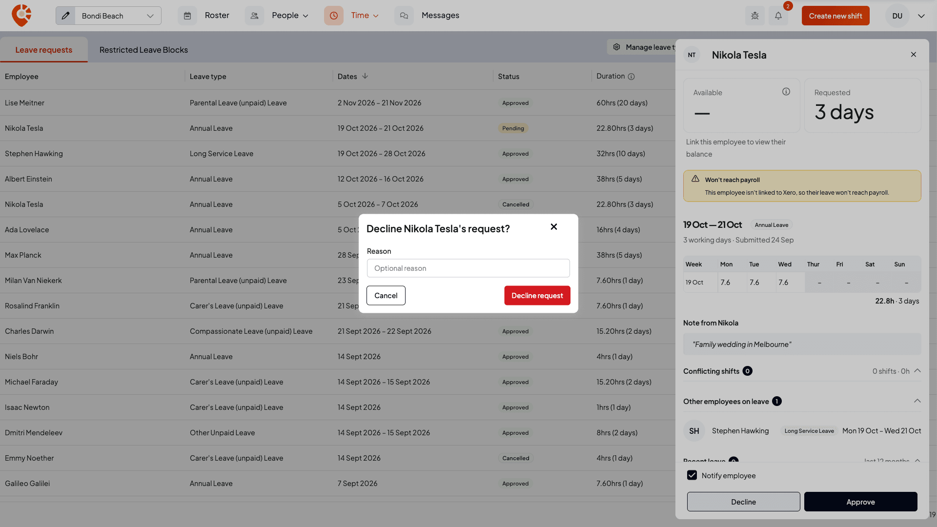 The Decline request dialog with an optional reason field