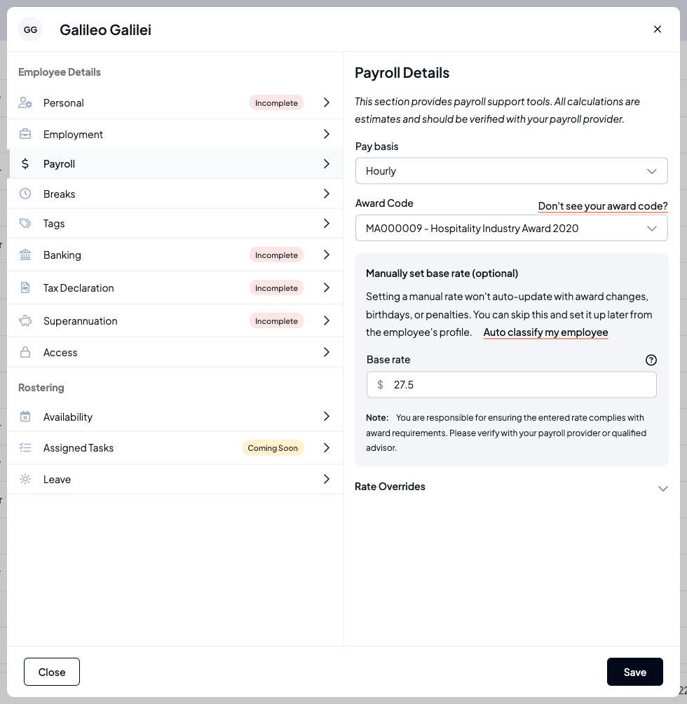 The Payroll tab with pay basis, award code, a manually set base rate and a Rate Overrides section