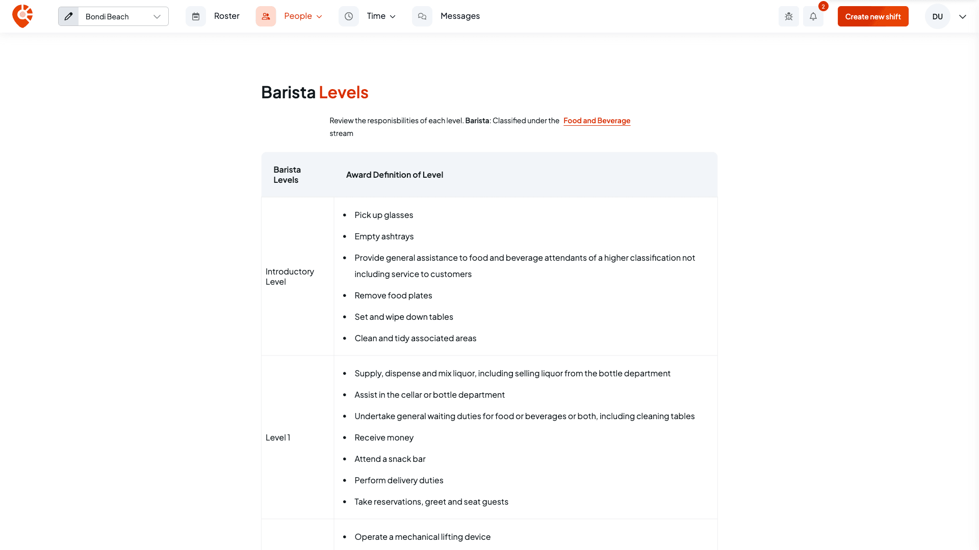 The Barista Levels page showing the role is classified under the Food and Beverage stream, and a table of levels with the duties the award lists for each