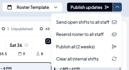 The Publish type step with Publish all unpublished weeks selected, reading 2 weeks, 21 shifts, from this week on