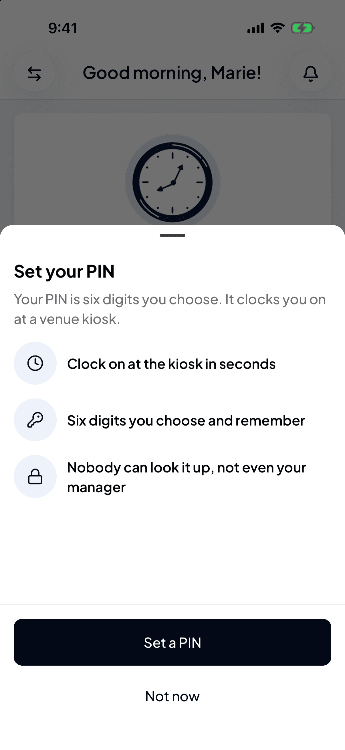 The Set your PIN sheet explaining that your PIN is six digits you choose and clocks you on at a venue kiosk, with Set a PIN and Not now buttons