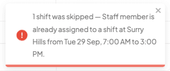 A red message reading 1 shift was skipped, Staff member is already assigned to a shift at Surry Hills from Tue 29 Sep, 7:00 AM to 3:00 PM