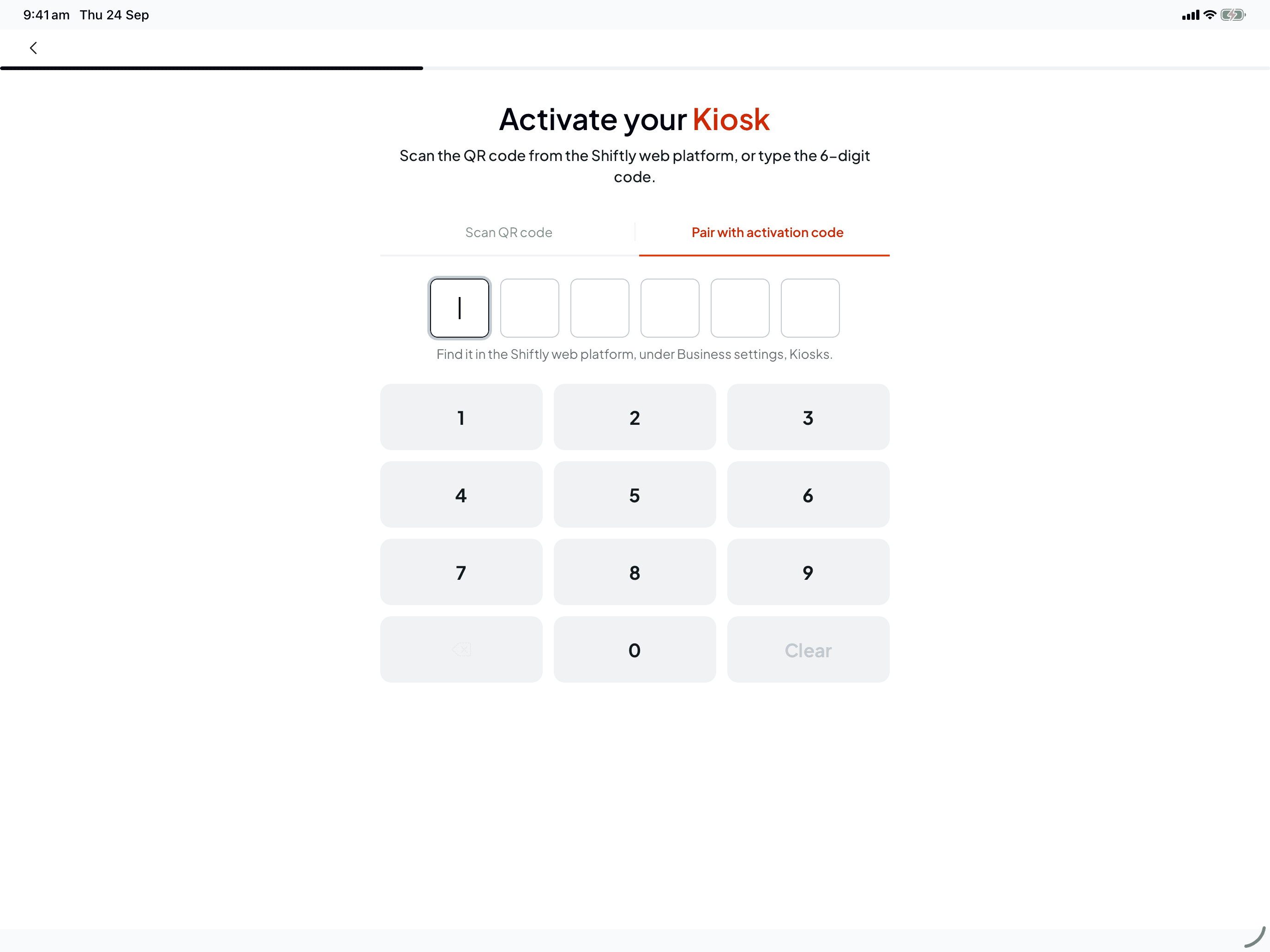 The Pair with activation code tab showing six empty boxes and a number keypad