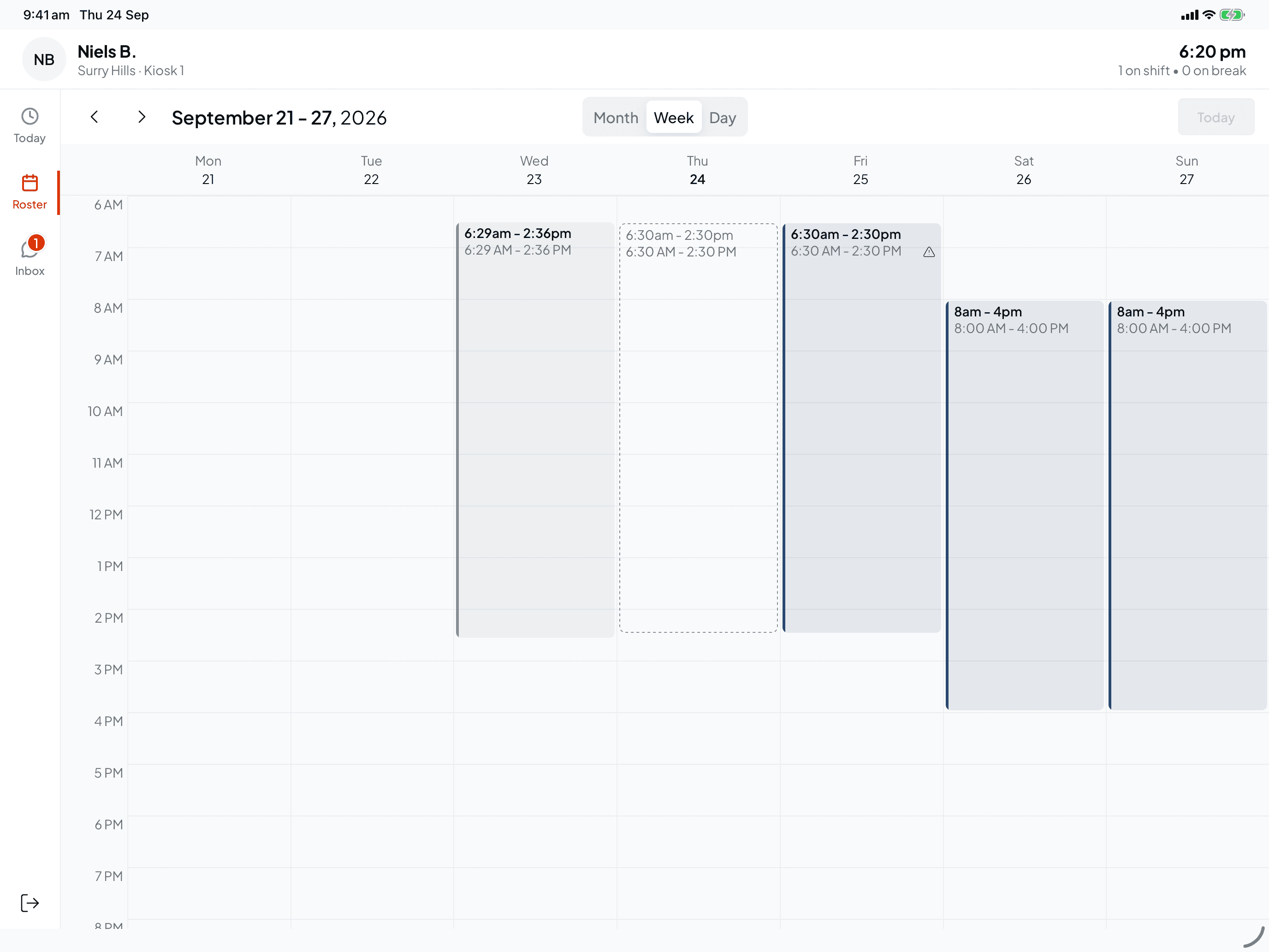 The week of 21 to 27 September with shifts on Wednesday to Sunday laid out by hour