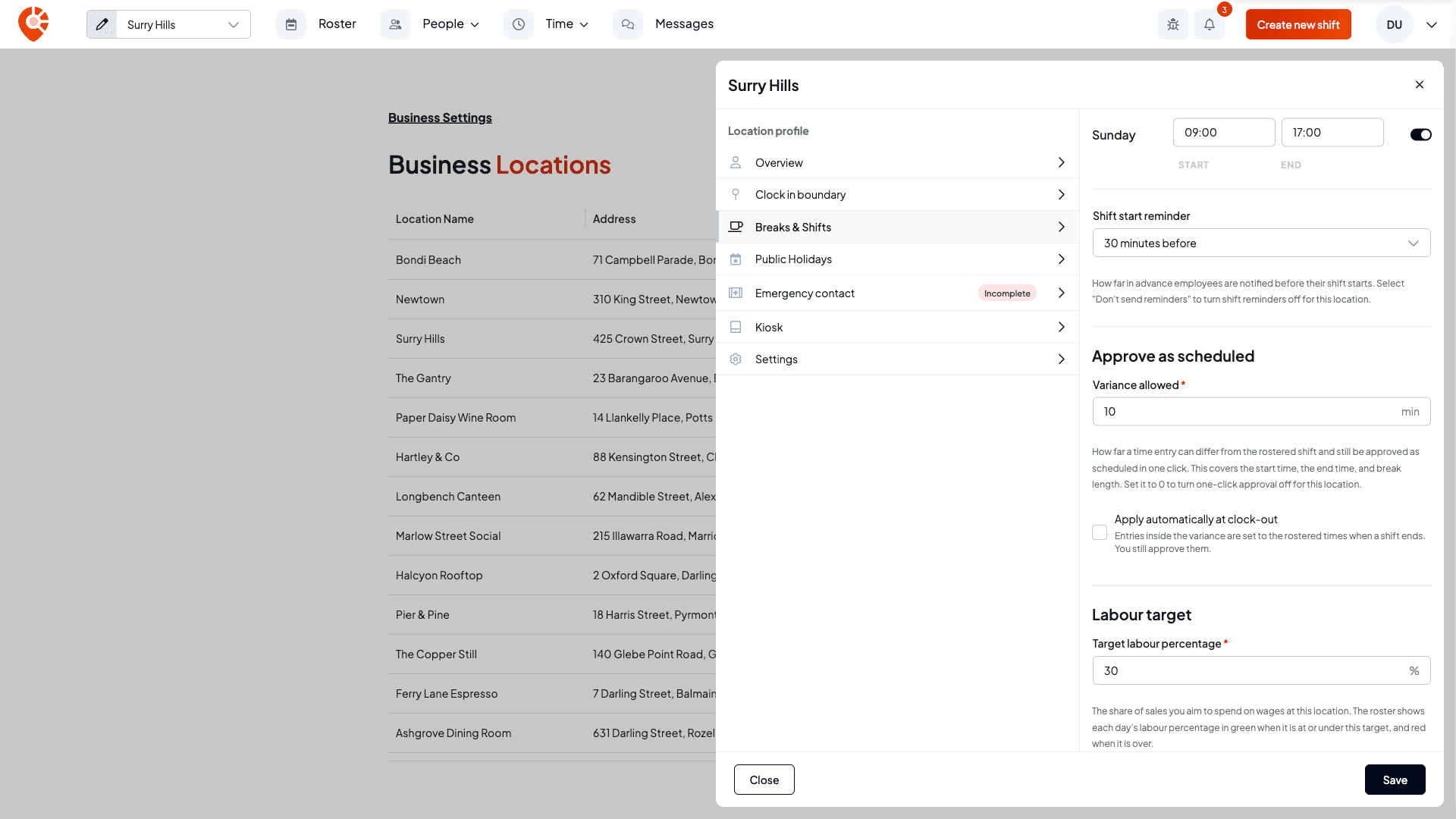 The lower half of the Breaks & Shifts tab with the shift start reminder, Variance allowed of 10 min, the Apply automatically at clock-out checkbox, and a Target labour percentage of 30%