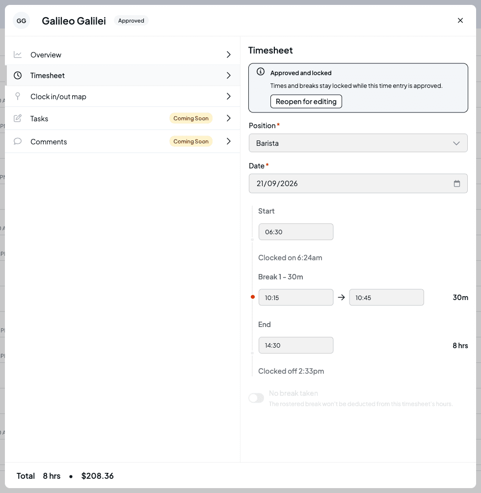 An approved timesheet on the Timesheet tab showing an Approved and locked notice with a Reopen for editing button, and the start, break and end fields greyed out, with Clocked on 6:24am and Clocked off 2:33pm underneath